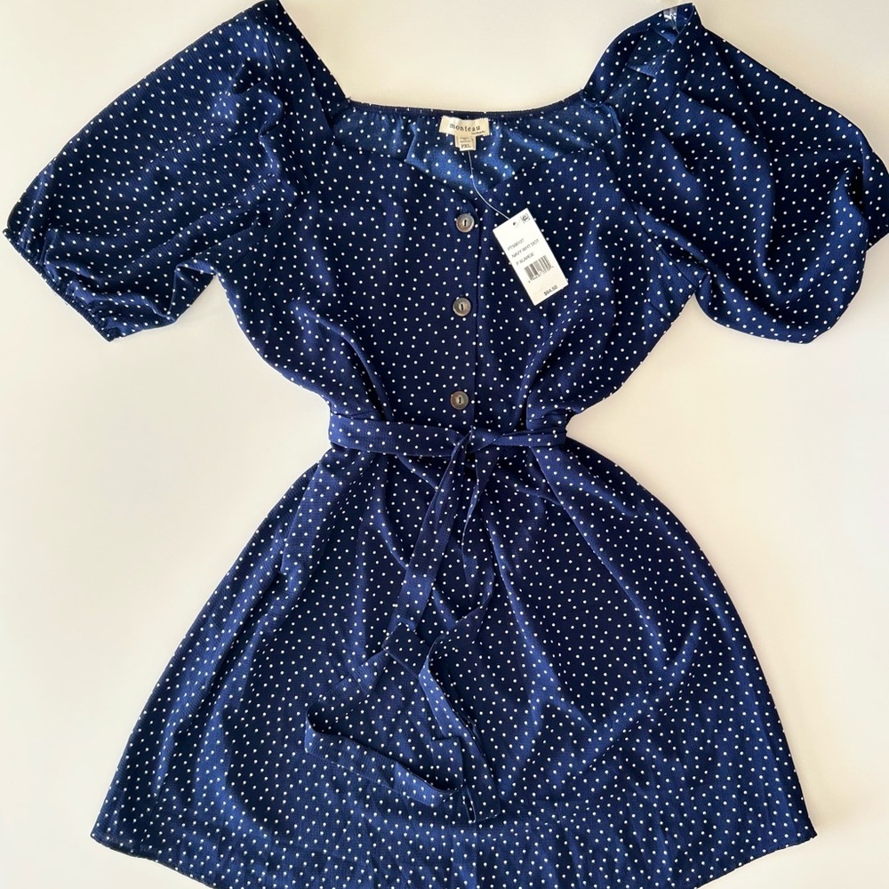NWT - Monteau LA Navy Blue Polka Dot Tie Waist Button Up Maxi Dress Size PXL